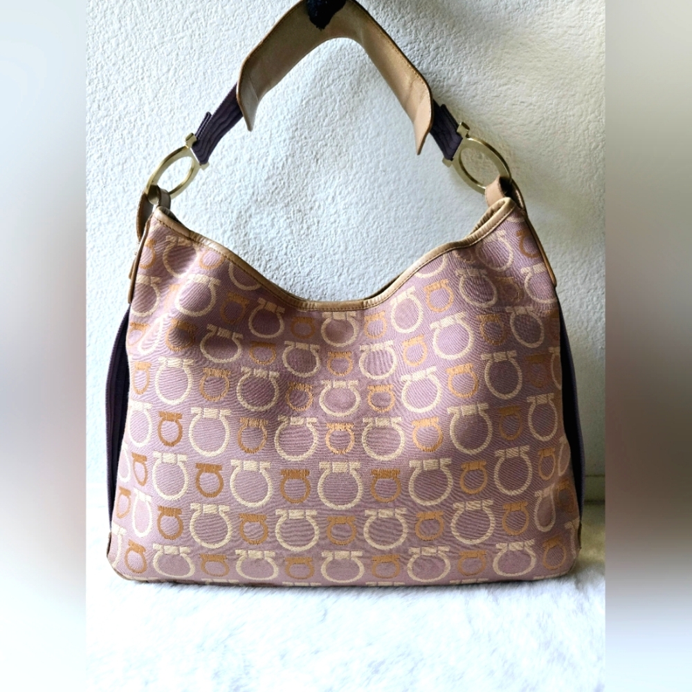 Salvatore Ferragamo Pink Tan Gancini Jacquard Shoulder Bag